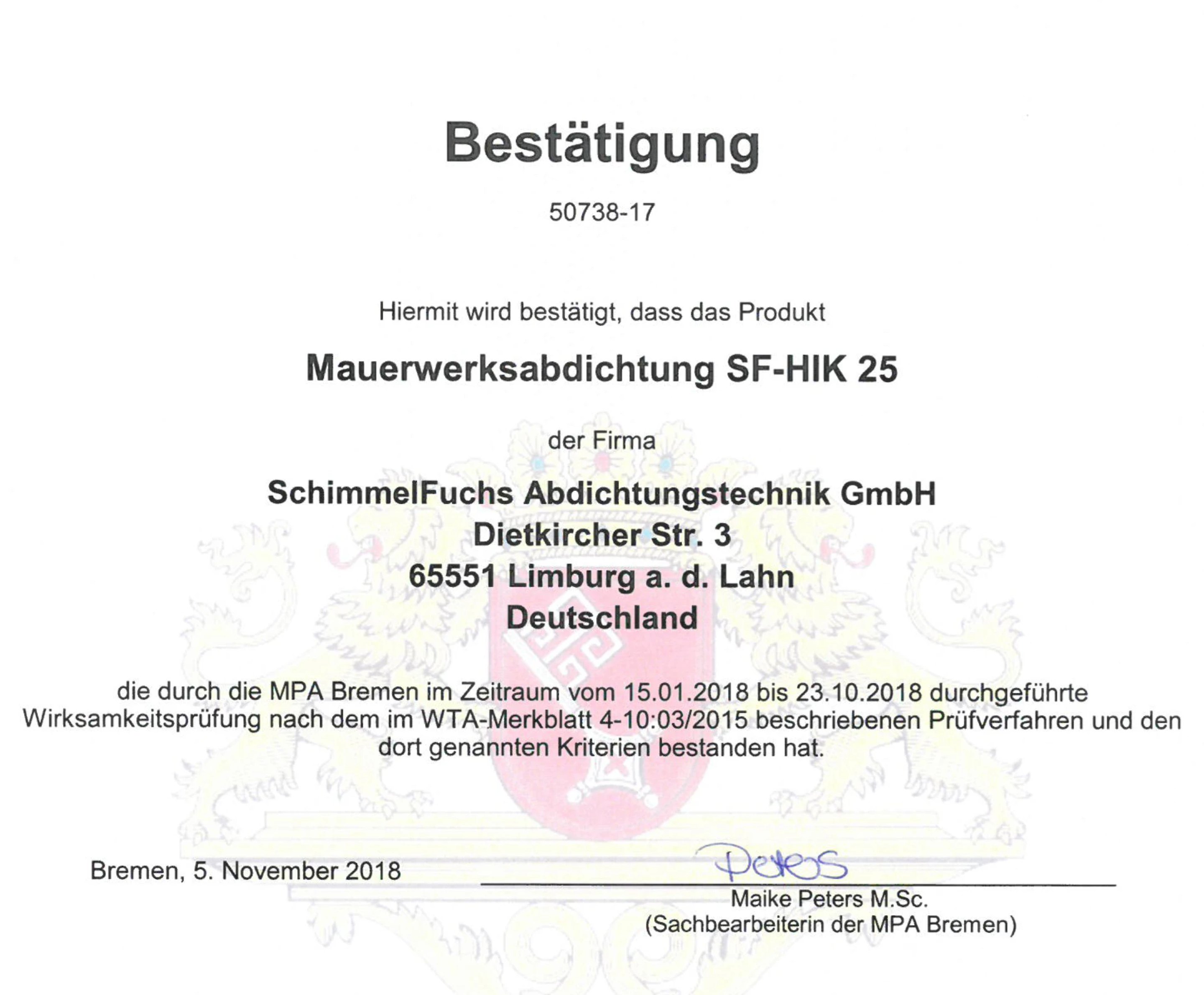 Zertifikat der Firma Schimmelfuchs zur erfolgreichen Teilnahme an einer Fachschulung über Mauerwerksabdichtung und Schimmelsanierung. Das Dokument bestätigt die fachliche Qualifikation im Bereich Abdichtung und Feuchtigkeitsschutz von Gebäuden.