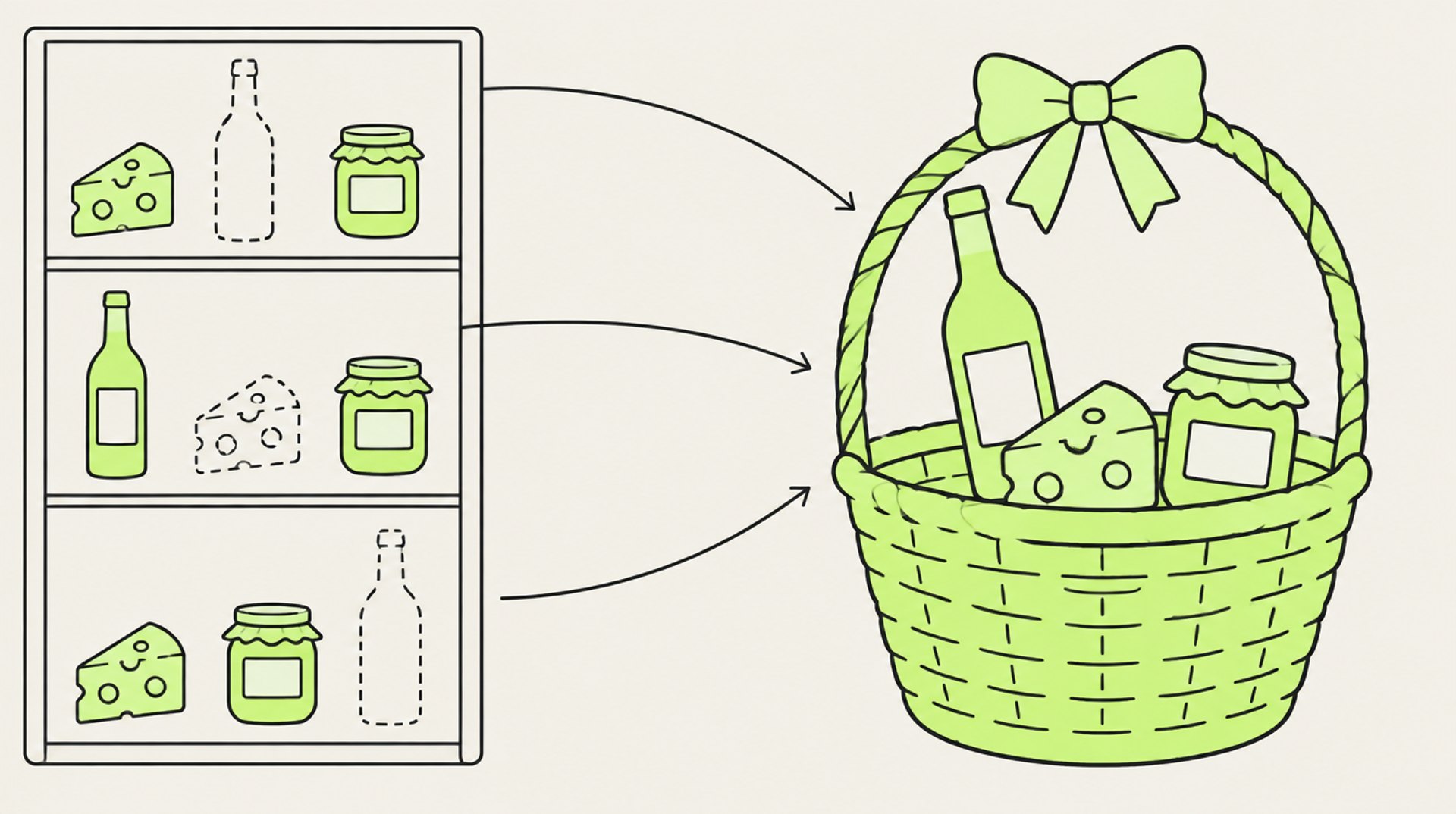 Illustration: Aus drei Regalfächern mit Käse, Flaschen und Gläsern führen Pfeile in einen Präsentkorb, im Regal bleibt je ein Artikel als gestrichelter Umriss zurück