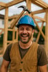 Ein lachender Mann mit blauem Helm und Hammer auf dem Kopf steht vor einem Holzgerüst.