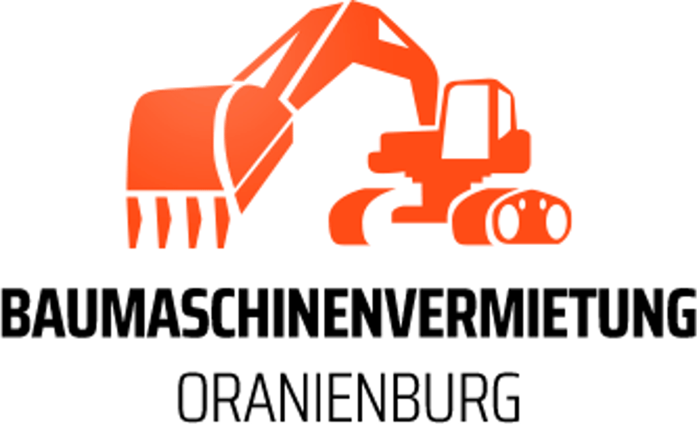 Oranger Bagger über schwarzem Text "BAUMASCHINENVERMIETUNG ORANIENBURG"