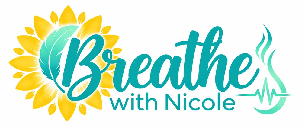 Logo Breathe with Nicole in Türkis mit einer Sonnenblume, einer Feder und einem Herzschlag-Symbol.