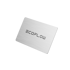 Silberne Metallkarte mit dem schwarzen Text "ECOFLOW" auf einer dunkelgrünen Oberfläche.