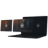 A dark laptop with three video thumbnails, each showing a person and a play button, floating above the keyboard.