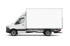 Weißer Lieferwagen mit Kofferaufbau, Seitenansicht.
