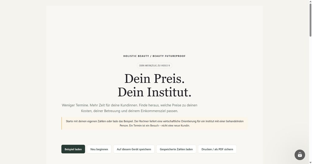 Echte Ansicht des digitalen BEAUTY FUTUREPROOF Kalkulationsrechners