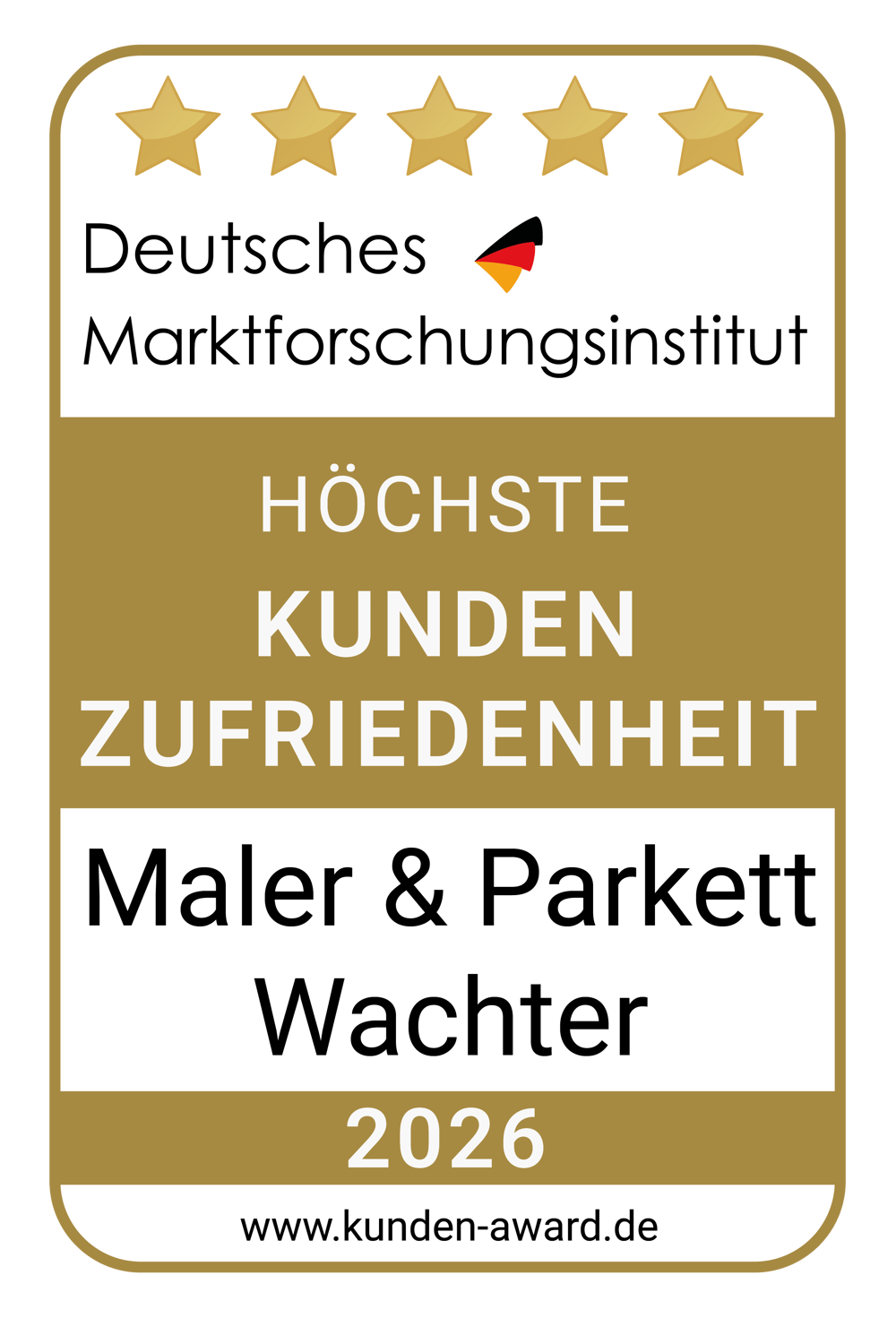 Siegel für höchste Kundenzufriedenheit 2026 von Maler & Parkett Wachter mit 5 Sternen vom Deutschen Marktforschungsinstitut.