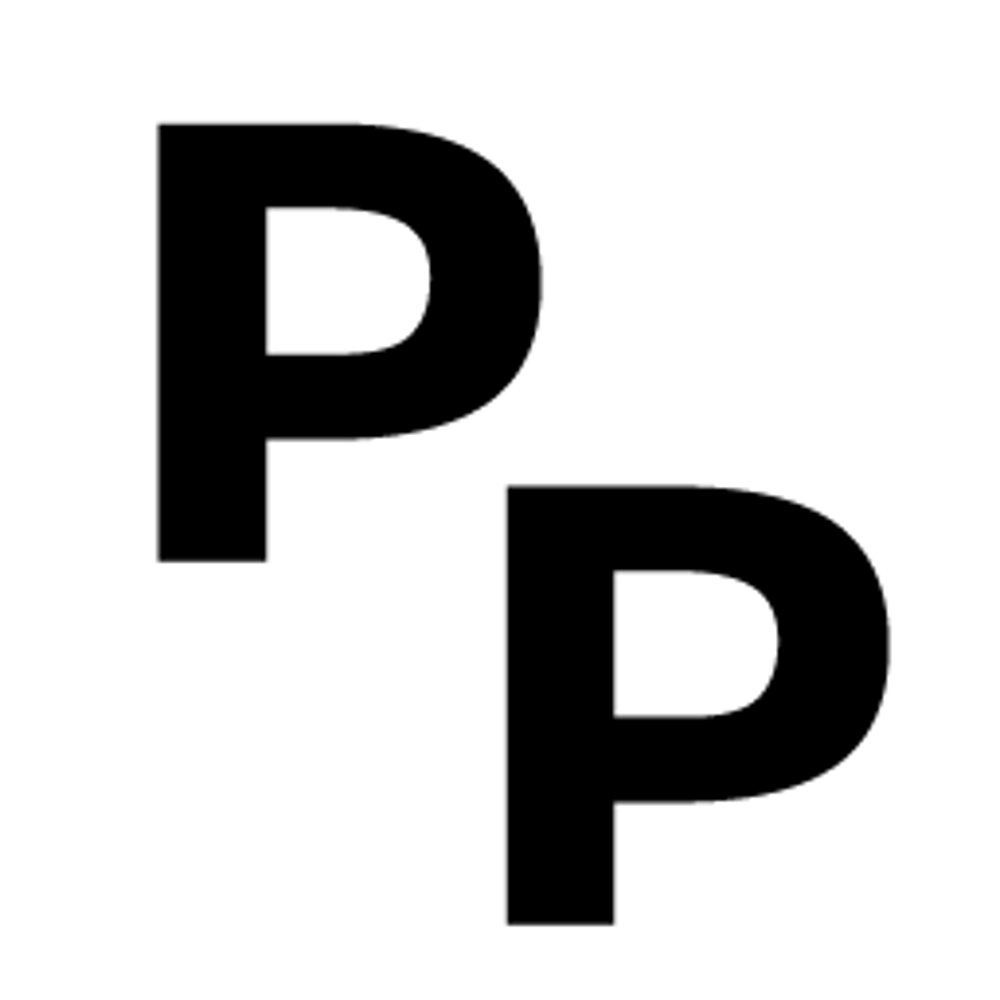 Zwei große schwarze Buchstaben "P" auf dunkelgrünem Hintergrund.