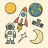 Cartoon-Illustration von einem Astronauten, Rakete, Planet Erde, Jupiter, Satellit, Mond und Sternen im Weltraum.
