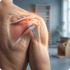 Anatomical overlay of a human shoulder showing muscles, bones, and a red glow indicating pain or inflammation in the joint.