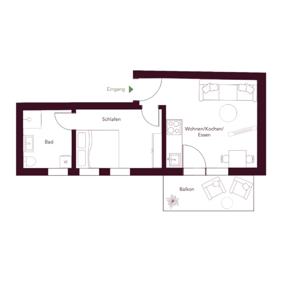 Grundriss Apartment 10, 33,07 m², 1. Obergeschoss