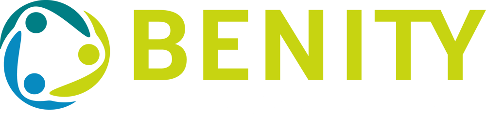 Benity Logo mit drei stilisierten Figuren in einem Kreis, darunter der Text: "smart. digital. automatisiert."