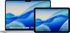A MacBook Pro laptop and an iPad displaying a matching abstract blue and beige wave-patterned desktop background.
