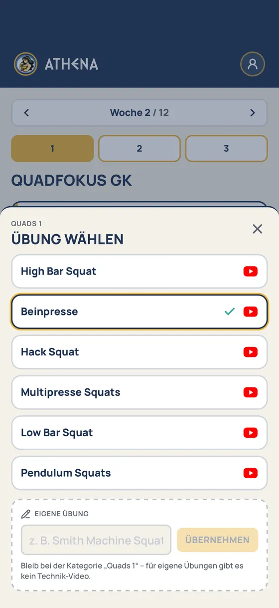 Übungsauswahl mit Videos und eigener Übung