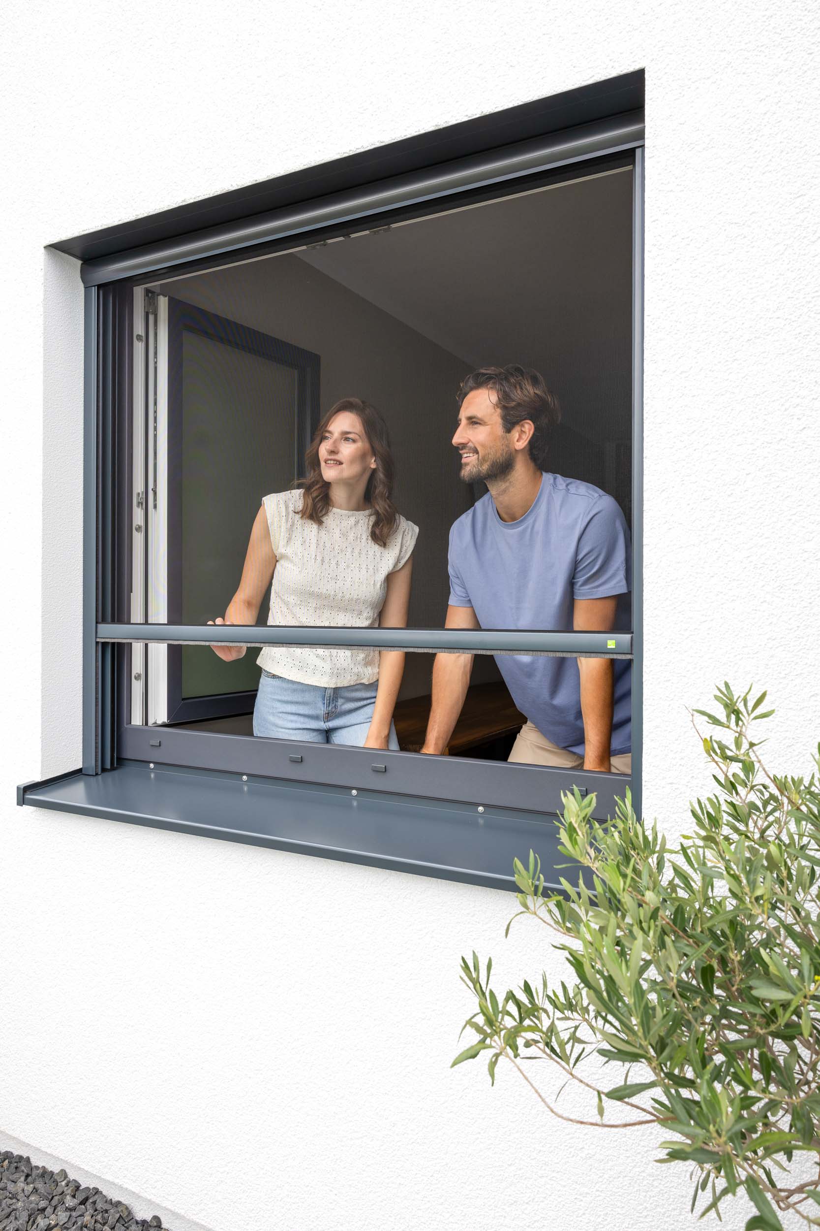 Insektenschutz-Rollo an einem Fenster, Kassette oben und Zugleiste auf halber Höhe