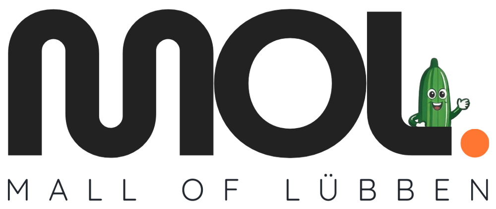 Logo "mall" mit Gurken-Maskottchen und Text "MALL OF LÜBBEN" auf grünem Hintergrund.