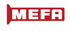Rotes MEFA Logo mit weißem Text auf weißem Hintergrund.