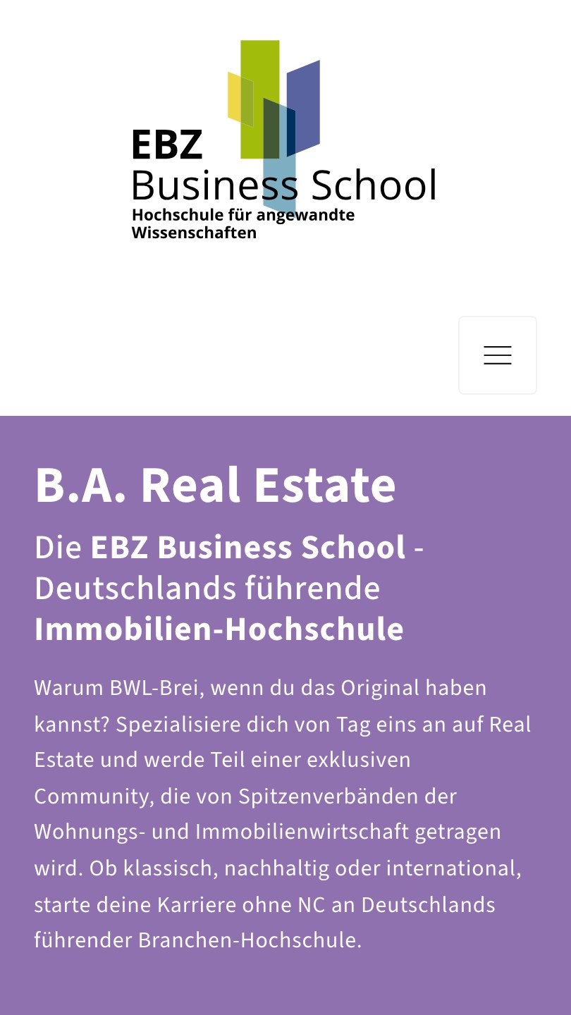 Die Landingpage für den B.A. Real Estate der EBZ Business School