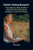Holistic Healing Blueprint: Woman meditating in a field, hands over heart, eyes closed, on a dark blue background.