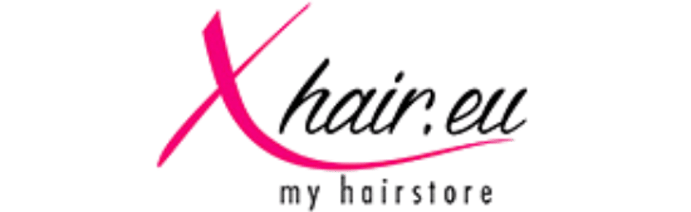 Logo von Xhair.eu my hairstore mit einem großen, pinken „X“ und schwarzem Text auf schwarzem Hintergrund.