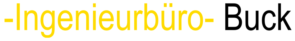 Logo-Schriftzug Ingenieurbüro Buck mit gelbem Text und schwarzem Nachnamen auf weißem Hintergrund.