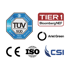 Logos von TÜV SÜD, Bloomberg NEF TIER 1, Ariel Green, CE, ISO und CSI auf grünem Hintergrund.