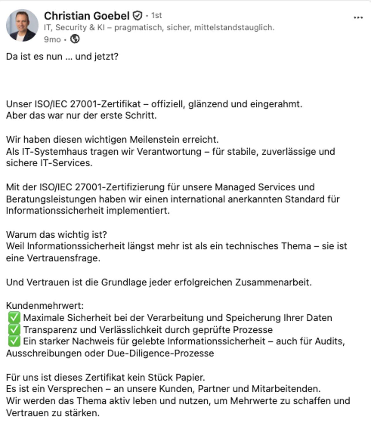 LinkedIn Beitrag von Christian Goebel, QDS