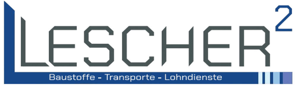Logo mit dem Schriftzug "LESCHER²" in Grau und einem blauen L-förmigen Rahmen, darunter "Elektrotechnik-Transporte-Containerdienst".