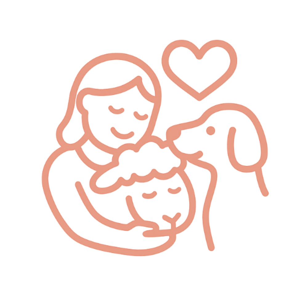 Eine Person umarmt ein Lamm, ein Hund schmiegt sich an, mit einem Herzsymbol darüber.