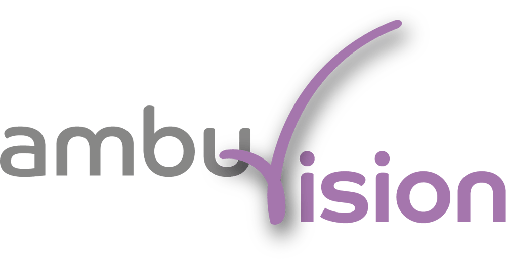 AmbuVision Logo mit "ambu" in Grau und "vision" in Lila.