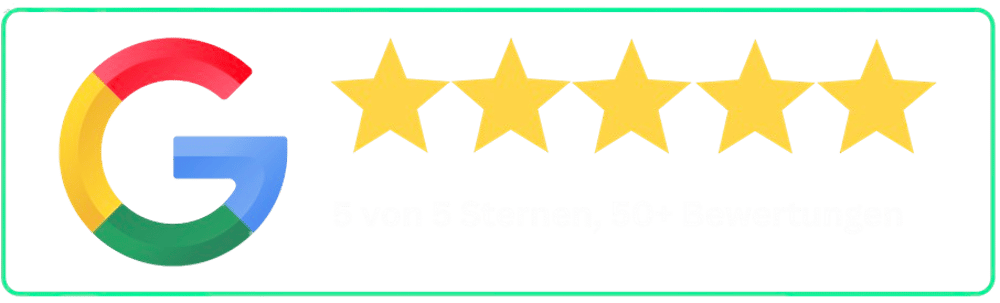 Google-Logo mit 5 goldenen Sternen, Text: 5 von 5 Sternen, 50+ Bewertungen.