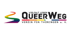 Logo von QUEERWEG: Regenbogenfarbener geschwungener Pfad neben schwarzem Text "VIELFALT LEBEN QUEERWEG VEREIN FÜR THÜRINGEN e.V.".