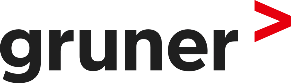 Schwarzes Gruner-Logo mit rotem Pfeil nach rechts.