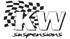 KW suspensions Logo: Schwarze, karierte Flagge mit den Buchstaben "KW" und dem Wort "suspensions" in Schwarz.