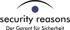 Logo "security reasons" mit Untertitel "Der Garant für Sicherheit", darüber ein blauer Punkt unter einem schwarzen Bogen.