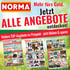 NORMA Logo, "Mehr fürs Geld. Jetzt ALLE ANGEBOTE entdecken!" mit drei Prospekt-Vorschauen auf Wiese.