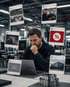 Mann am Laptop in einer Fabrikhalle, umgeben von schwebenden Social-Media-Posts mit Industrie-Motiven und Symbolen.