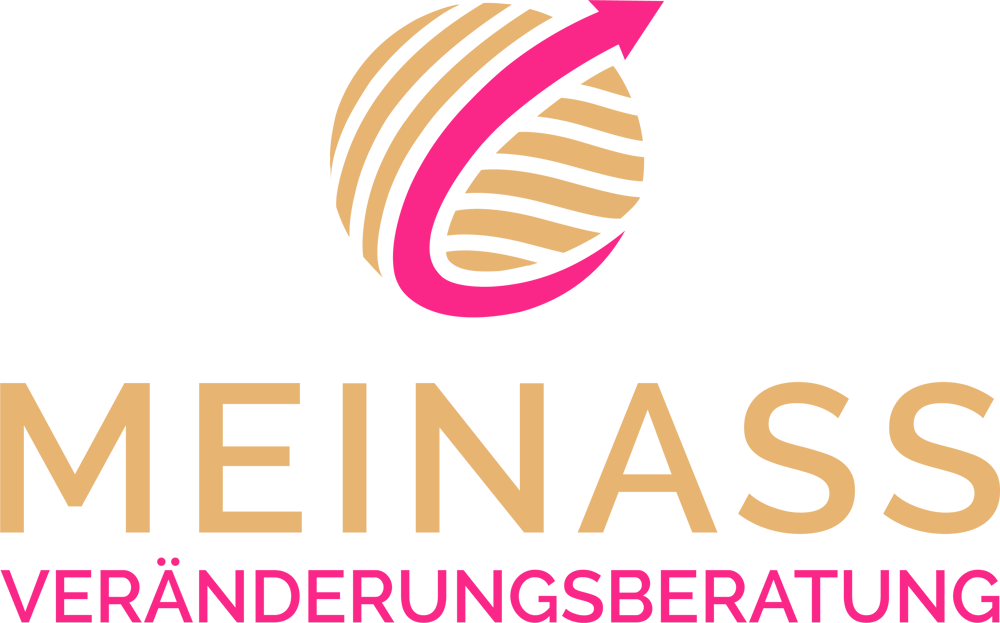 MEINASS VERÄNDERUNGSBERATUNG Logo: Globus mit Pfeil nach oben, Text in Beige und Pink auf Dunkelgrün.