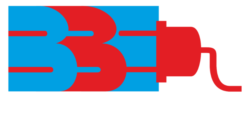 Logo: Buschoff-Brede Elektrotechnik, stilisierter Stecker in Rot und Blau.