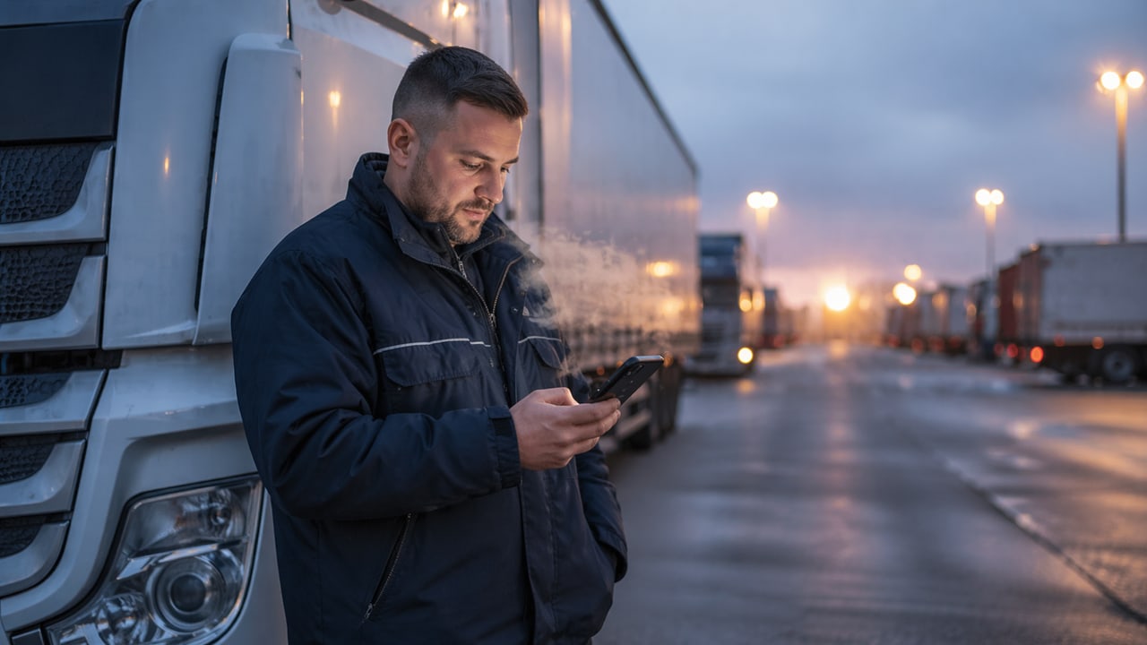 Truck driver in low light, leaning against his truck and checking his smartphone.