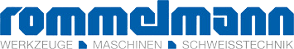 Rommelmann Logo mit Text „WERKZEUGE MASCHINEN SCHWEISSTECHNIK“ auf blauem Hintergrund.