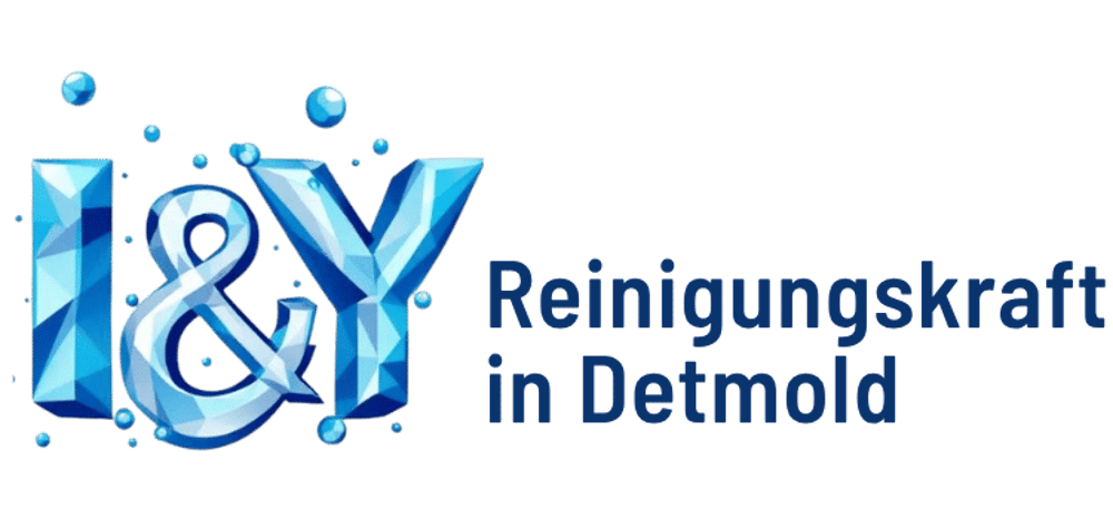 Blaue Buchstaben I & Y mit Text "Reinigungskraft in Detmold" auf grünem Hintergrund.
