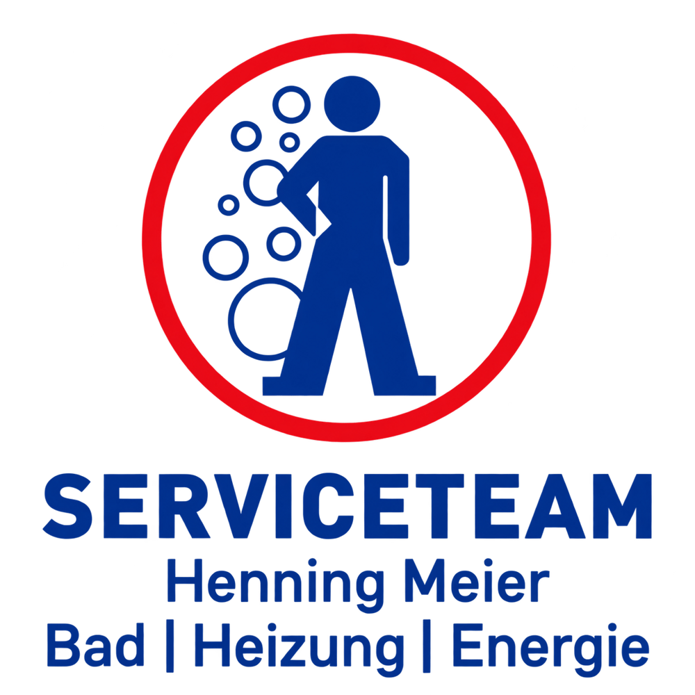 Logo von Serviceteam Henning Meier für Bad, Heizung und Energie mit blauer Figur in rotem Kreis und Blasen-Symbolik.