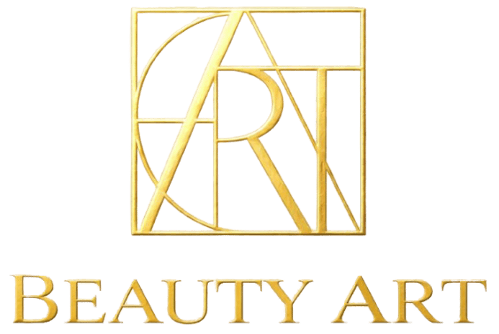 Goldenes Logo mit dem Wort ART in einem geometrischen Quadrat und dem Schriftzug BEAUTY ART auf schwarzem Hintergrund.
