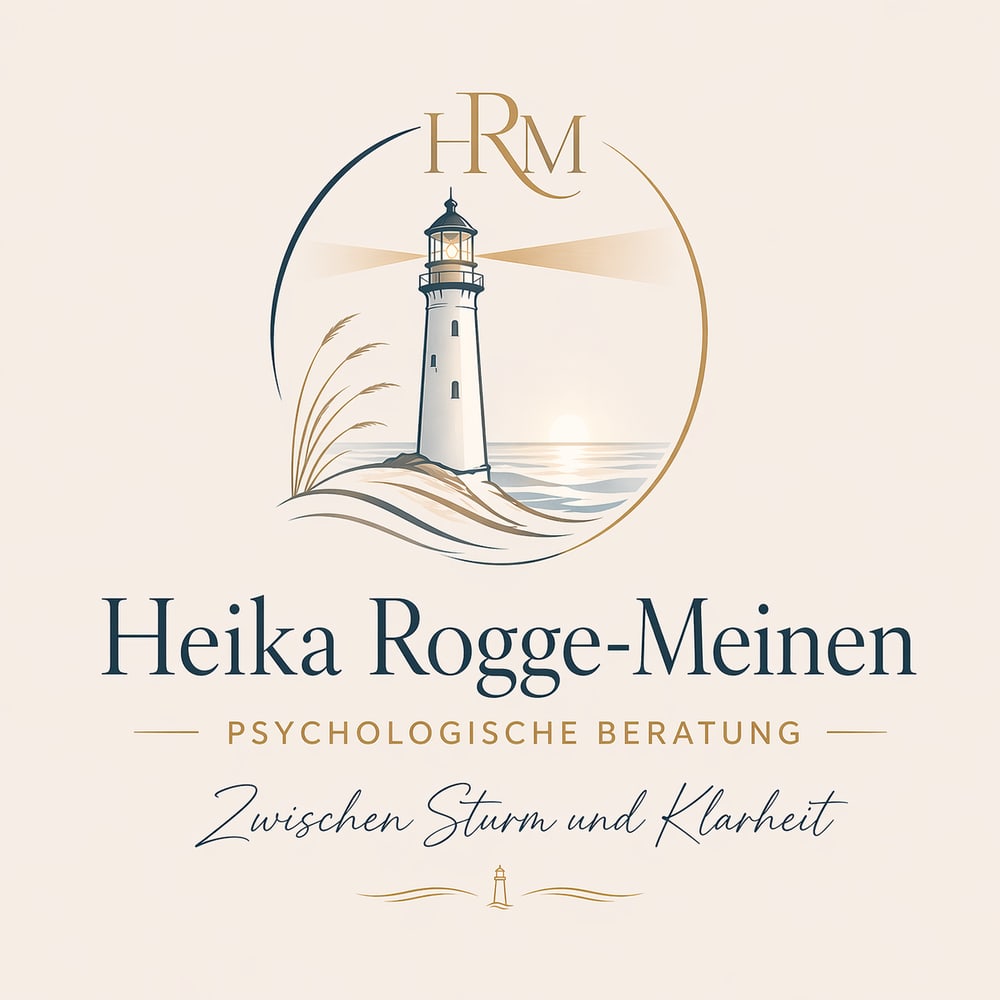 Logo für Heika Rogge-Meinen Psychologische Beratung mit Leuchtturm-Symbol und dem Slogan Zwischen Sturm und Klarheit.