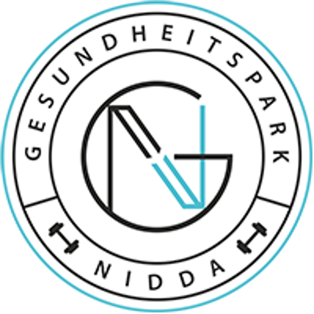 Logo "GESUNDHEITSPARK NIDDA" in Schwarz und Türkis, umrandet von Hanteln.