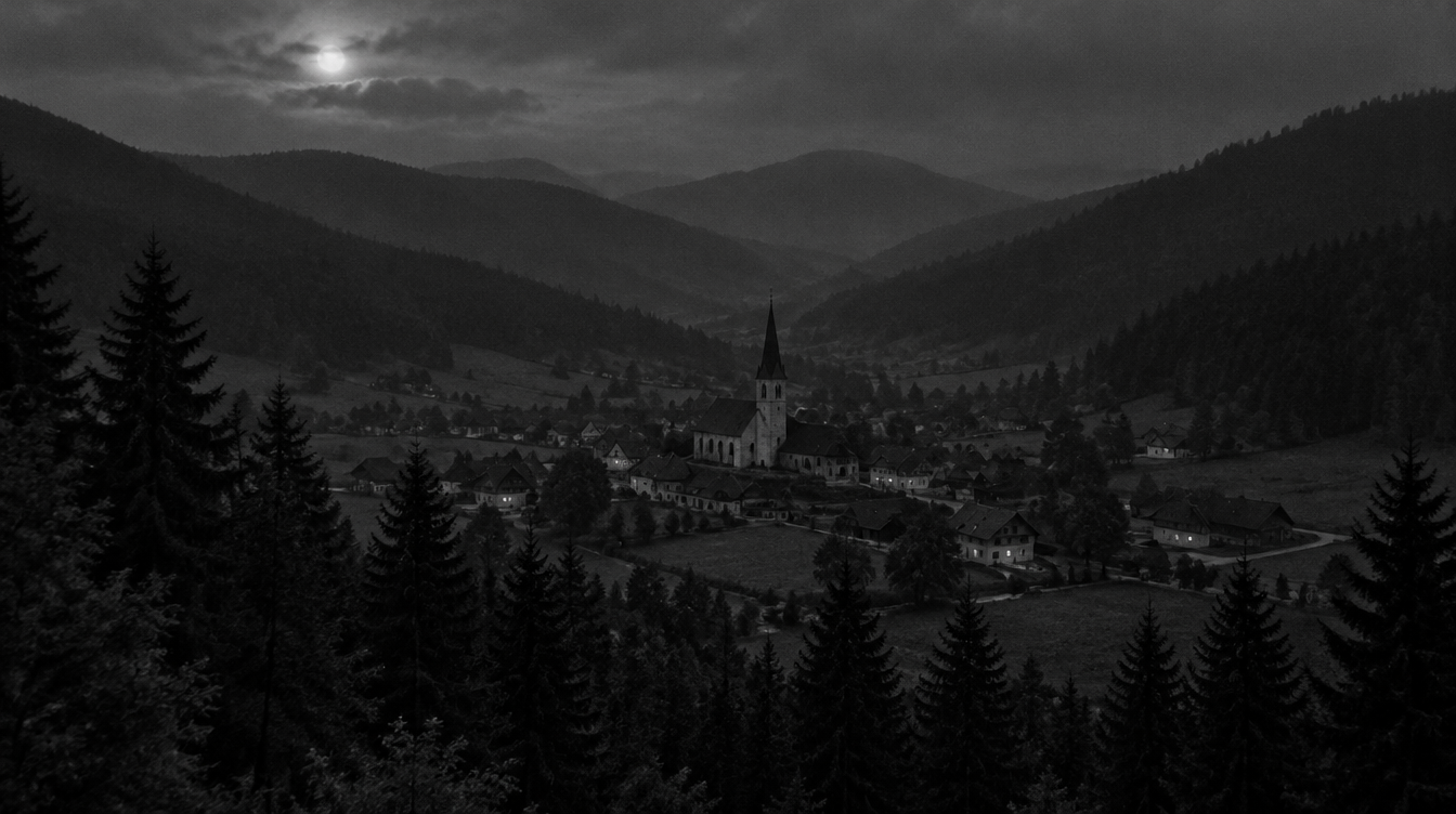 Monochrome Nachtansicht eines Dorfes im Tal, ruhiger im Bildrauschen, dafür weniger fein aufgelöst