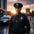 Polizist in Uniform und Mütze steht auf der Straße bei Sonnenuntergang; Streifenwagen mit Blaulicht im Hintergrund.