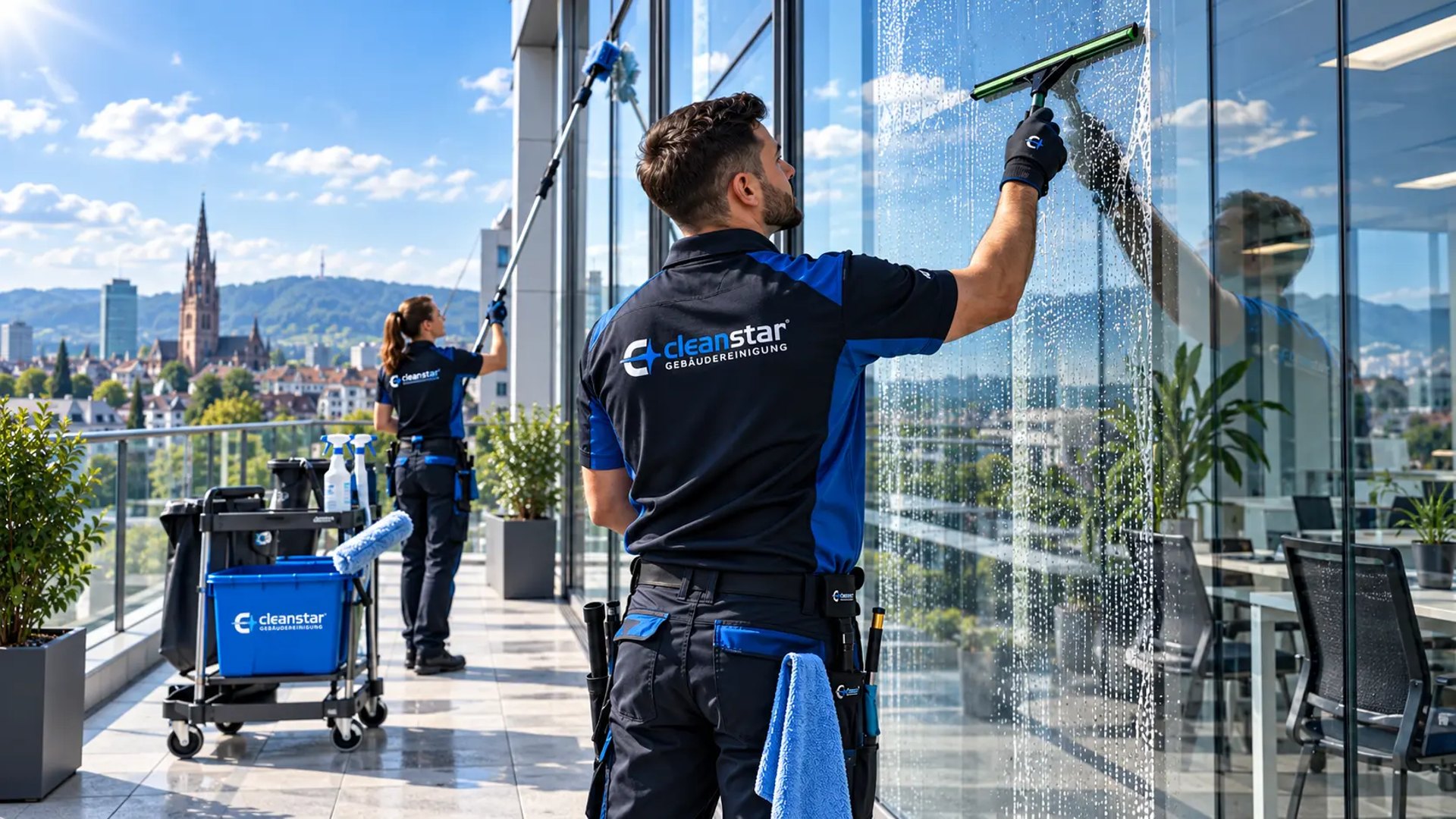 Fensterreinigung mit Abzieher an einer Glasfront