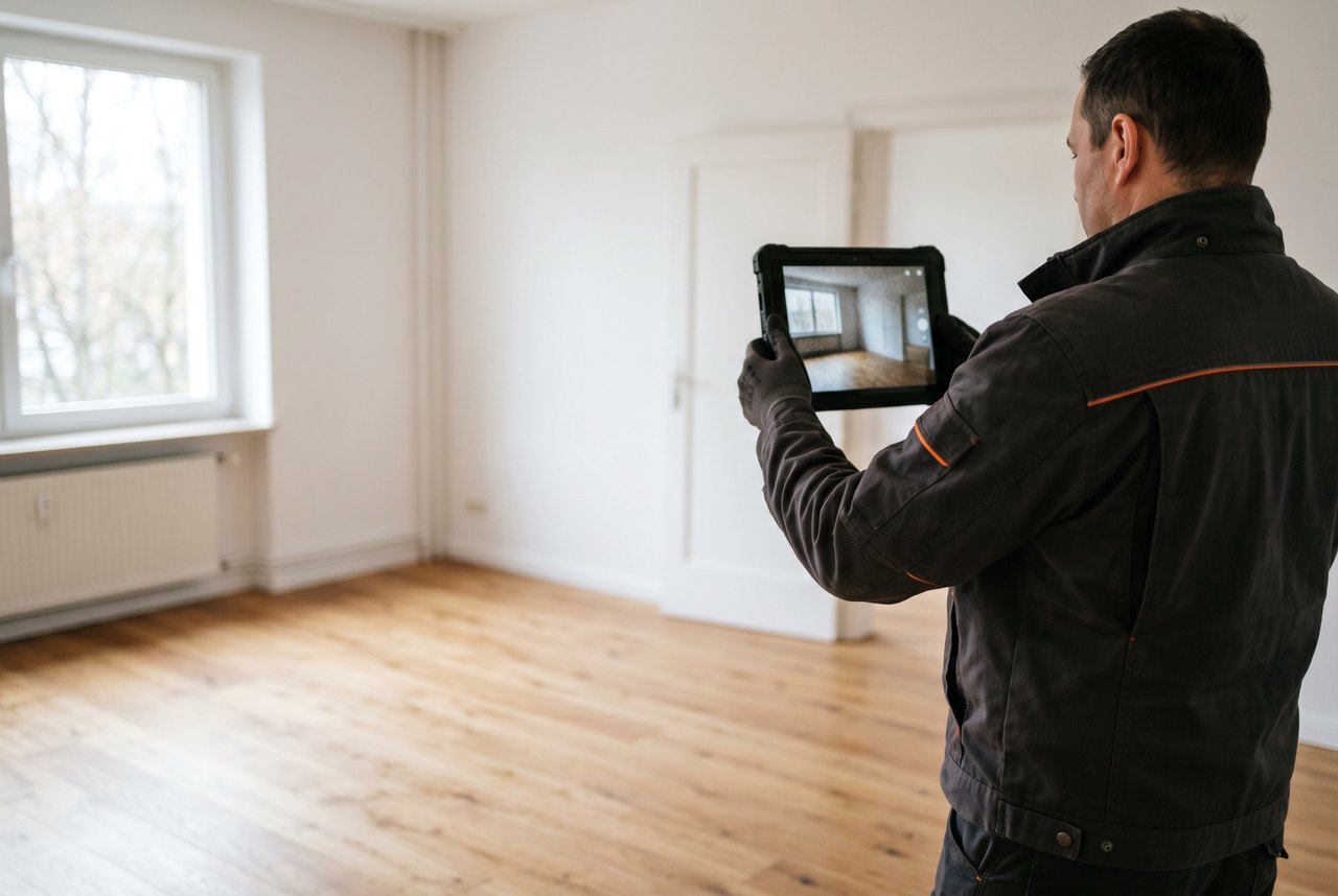 Mitarbeiter dokumentiert eine geräumte Wohnung per Tablet