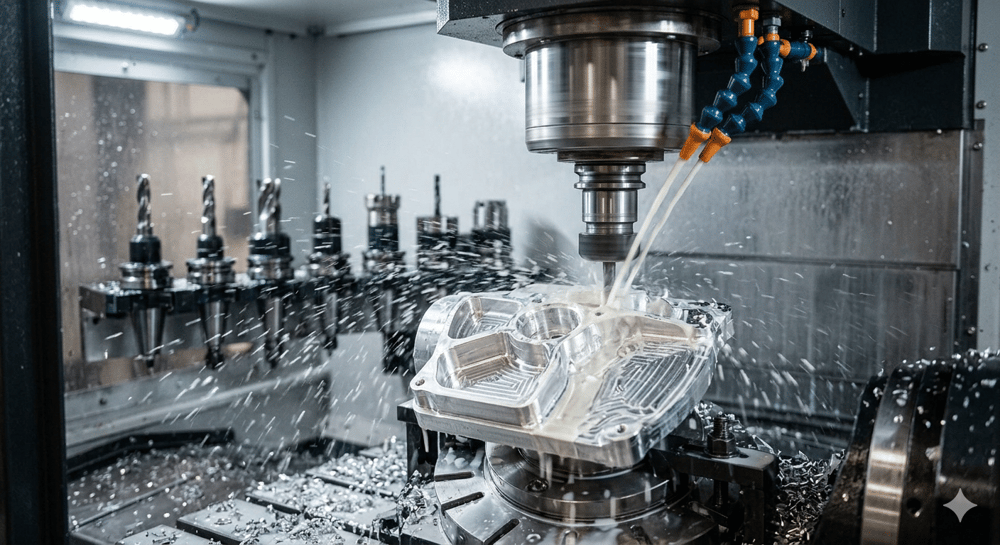 CNC-Fräsmaschine bearbeitet ein Metallwerkstück
